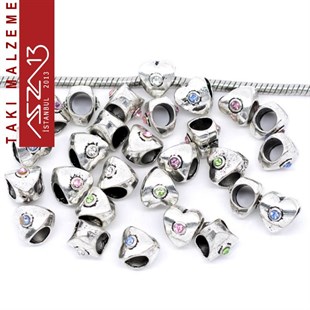 Antik Gümüş Kaplamalı 10x9 mm Rose Kristal Taşlı Charm Kalp Boncuk / Paket İçeriği 1 Adet