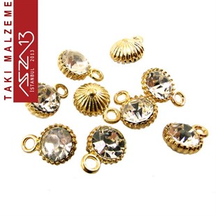 Altın Kaplamalı 11x8 mm Kristal Taşlı Kulplu Bağlantı, Yuvarlak Ara Malzeme / Paket İçeriği 6 Adet