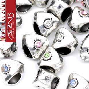 Antik Gümüş Kaplamalı 10x9 mm Safir Kristal Taşlı Charm Kalp Boncuk / Paket İçeriği 1 Adet