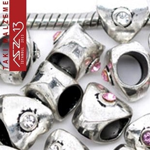 Antik Gümüş Kaplamalı 10x9 mm Rose Kristal Taşlı Charm Kalp Boncuk / Paket İçeriği 1 Adet