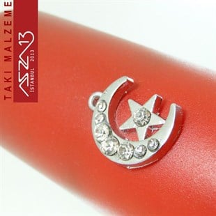 Rodyum Kaplamalı 20x14 mm Kristal Taşlı Ay Yıldız Kolye Ucu / Paket İçeriği 1 Adet