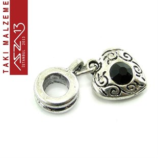 Antik Gümüş Kaplamalı 24x10 mm Zamak, Jet Kristal Taşlı Klipsli Sallantı Ara Malzeme / Paket İçeriği 1 Adet