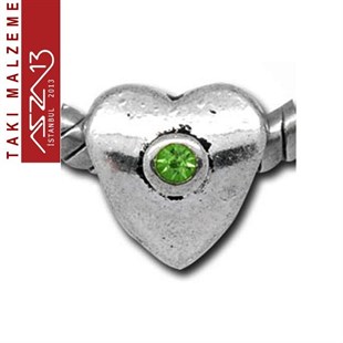 Antik Gümüş Kaplamalı 10x9 mm Peridot Kristal Taşlı Charm Kalp Boncuk / Paket İçeriği 1 Adet