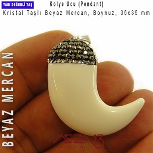 Kristal Taşlı, Beyaz Mercan Boynuz Kolye Ucu / Paket İçeriği 1 Adet
