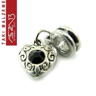 Antik Gümüş Kaplamalı 24x10 mm Zamak, Jet Kristal Taşlı Klipsli Sallantı Ara Malzeme / Paket İçeriği 1 Adet