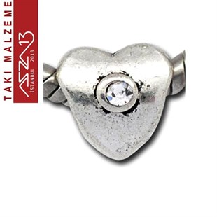 Antik Gümüş Kaplamalı 10x9 mm Şeffaf Kristal Taşlı Charm Kalp Boncuk / Paket İçeriği 1 Adet