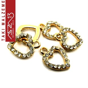 Altın Kaplamalı 13x11 mm Kristal Taşlı Kulplu Bağlantı, Kalp Ara Malzeme / Paket İçeriği 1 Adet