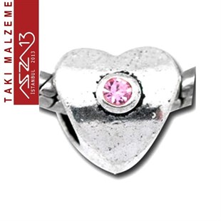 Antik Gümüş Kaplamalı 10x9 mm Rose Kristal Taşlı Charm Kalp Boncuk / Paket İçeriği 1 Adet