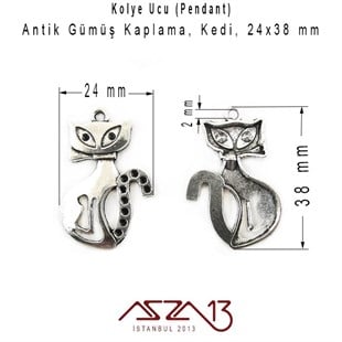 Antik Gümüş, 24x38 mm Kedi  Kolye Ucu / Paket İçeriği 1 Adet