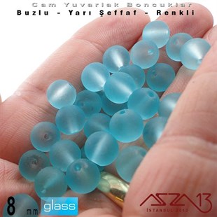 Yuvarlak - 8 mm - Neon Mavi - Yarı Şeffaf - Buzlu Yüzey - Cam Boncuk / 30 Adet