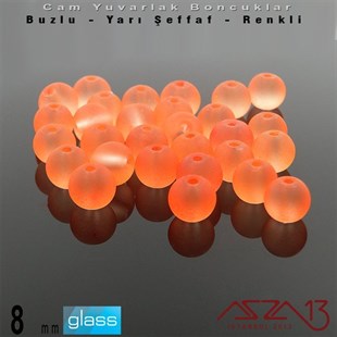 Yuvarlak - 8 mm - Neon Somon  - Yarı Şeffaf - Buzlu Yüzey - Cam Boncuk / 30 Adet
