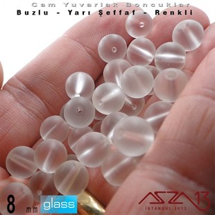 Yuvarlak - 8 mm - Beyaz - Yarı Şeffaf - Buzlu Yüzey - Cam Boncuk / 30 Adet
