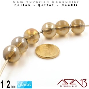 Yuvarlak - 12 mm - Janjanlı İpek_Gri - Şeffaf - Parlak Yüzey - Cam Boncuk / 10 Adet