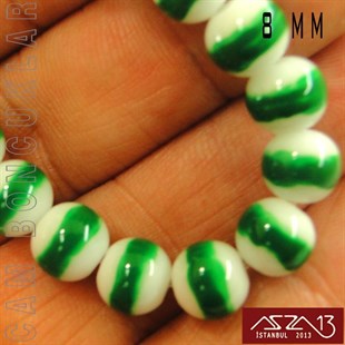 Yuvarlak 8 mm, Yeşil Halkalı Beyaz Cam Boncuk / Paket İçeriği 50 Adet