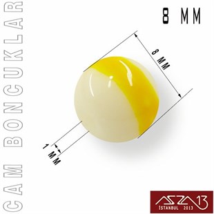 Yuvarlak 8 mm, Sarı Halkalı Beyaz Cam Boncuk / Paket İçeriği 50 Adet