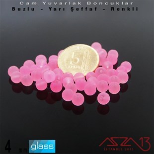 Yuvarlak - 4 mm - Neon Açık Pembe - Yarı Şeffaf - Buzlu Yüzey - Cam Boncuk / 50 Adet