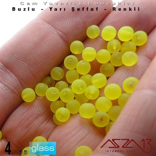 Yuvarlak - 4 mm - Neon Sarı - Yarı Şeffaf - Buzlu Yüzey - Cam Boncuk / 50 Adet