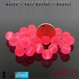Yuvarlak - 8 mm - Neon Koyu Pembe - Yarı Şeffaf - Buzlu Yüzey - Cam Boncuk / 30 Adet
