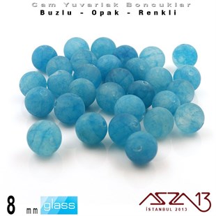Yuvarlak - 8 mm - Neon Göl Mavi - Opak - Buzlu Yüzey - Cam Boncuk / 30 Adet
