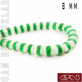 Yuvarlak 8 mm, Yeşil Halkalı Beyaz Cam Boncuk / Paket İçeriği 50 Adet