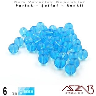 Yuvarlak - 6 mm - Turkuaz - Şeffaf - Parlak Yüzey - Cam Boncuk / 40 Adet