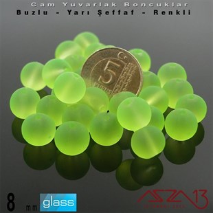 Yuvarlak - 8 mm - Neon Yeşil - Yarı Şeffaf - Buzlu Yüzey - Cam Boncuk / 30 Adet