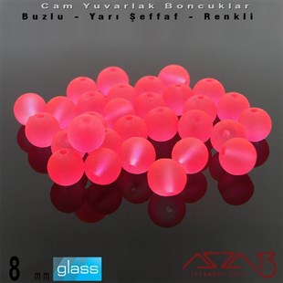 Yuvarlak - 8 mm - Neon Koyu Pembe - Yarı Şeffaf - Buzlu Yüzey - Cam Boncuk / 30 Adet