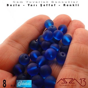 Yuvarlak - 8 mm - Neon Kobalt Mavi - Yarı Şeffaf - Buzlu Yüzey - Cam Boncuk / 30 Adet