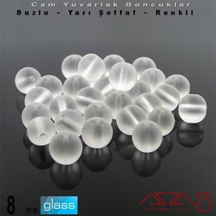 Yuvarlak - 8 mm - Beyaz - Yarı Şeffaf - Buzlu Yüzey - Cam Boncuk / 30 Adet