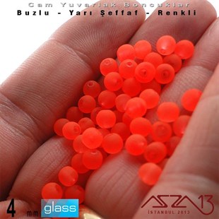 Yuvarlak - 4 mm - Neon Turuncu - Yarı Şeffaf - Buzlu Yüzey - Cam Boncuk / 50 Adet
