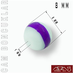 Yuvarlak 8 mm, Mor Halkalı Beyaz Cam Boncuk / Paket İçeriği 50 Adet