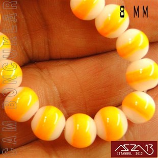 Yuvarlak 8 mm, Neon Turuncu Halkalı Beyaz Cam Boncuk / Paket İçeriği 50 Adet