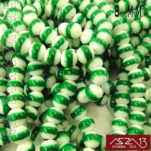 Yuvarlak 8 mm, Yeşil Halkalı Beyaz Cam Boncuk / Paket İçeriği 50 Adet