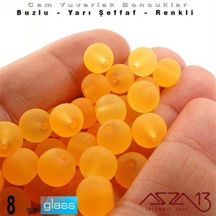 Yuvarlak - 8 mm - Neon Kavuniçi  - Yarı Şeffaf - Buzlu Yüzey - Cam Boncuk / 30 Adet