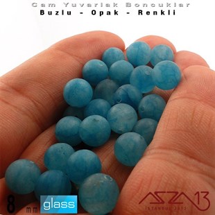 Yuvarlak - 8 mm - Neon Göl Mavi - Opak - Buzlu Yüzey - Cam Boncuk / 30 Adet
