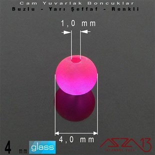 Yuvarlak - 4 mm - Neon Koyu Pembe - Yarı Şeffaf - Buzlu Yüzey - Cam Boncuk / 50 Adet