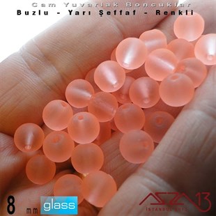 Yuvarlak - 8 mm - Neon Somon - Yarı Şeffaf - Buzlu Yüzey - Cam Boncuk / 30 Adet