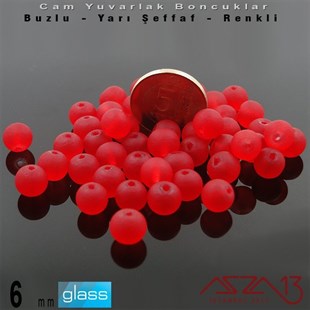Yuvarlak - 6 mm - Neon Vişne - Yarı Şeffaf - Buzlu Yüzey - Cam Boncuk / 40 Adet