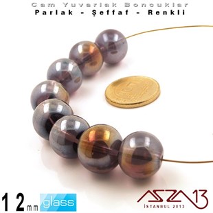 Yuvarlak - 12 mm - Janjanlı Hematit - Şeffaf - Parlak Yüzey - Cam Boncuk / 10 Adet