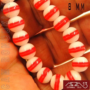 Yuvarlak 8 mm, Neon Pembe Halkalı Beyaz Cam Boncuk / Paket İçeriği 50 Adet