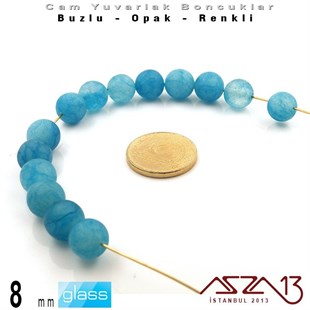 Yuvarlak - 8 mm - Neon Göl Mavi - Opak - Buzlu Yüzey - Cam Boncuk / 30 Adet