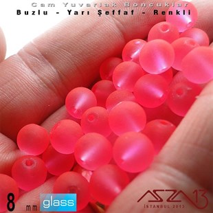 Yuvarlak - 8 mm - Neon Koyu Pembe - Yarı Şeffaf - Buzlu Yüzey - Cam Boncuk / 30 Adet