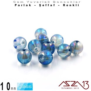 Yuvarlak - 10 mm - Janjanlı Mavi_Yeşil - Şeffaf - Parlak Yüzey - Cam Boncuk / 10 Adet