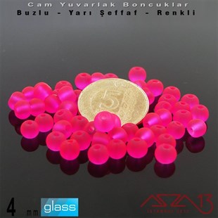 Yuvarlak - 4 mm - Neon Koyu Pembe - Yarı Şeffaf - Buzlu Yüzey - Cam Boncuk / 50 Adet
