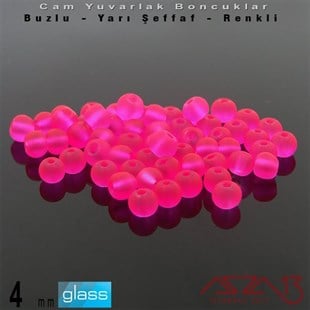Yuvarlak - 4 mm - Neon Koyu Pembe - Yarı Şeffaf - Buzlu Yüzey - Cam Boncuk / 50 Adet