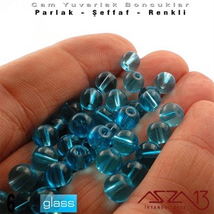 Yuvarlak - 6 mm - Turkuaz - Şeffaf - Parlak Yüzey - Cam Boncuk / 40 Adet