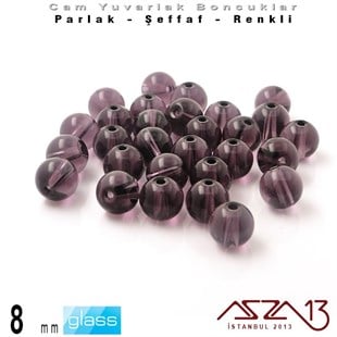 Yuvarlak - 8 mm - Ametis - Şeffaf - Parlak Yüzey - Cam Boncuk / 30 Adet