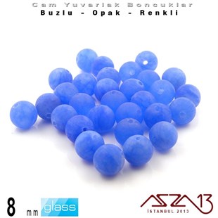 Yuvarlak - 8 mm - Neon Gök Mavi - Opak - Buzlu Yüzey - Cam Boncuk / 30 Adet