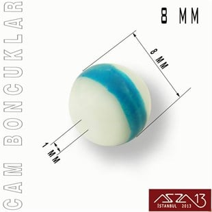 Yuvarlak 8 mm, Mavi Halkalı Beyaz Cam Boncuk / Paket İçeriği 50 Adet
