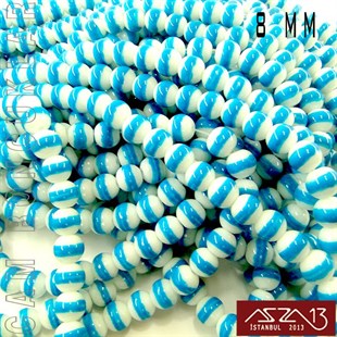 Yuvarlak 8 mm, Mavi Halkalı Beyaz Cam Boncuk / Paket İçeriği 50 Adet